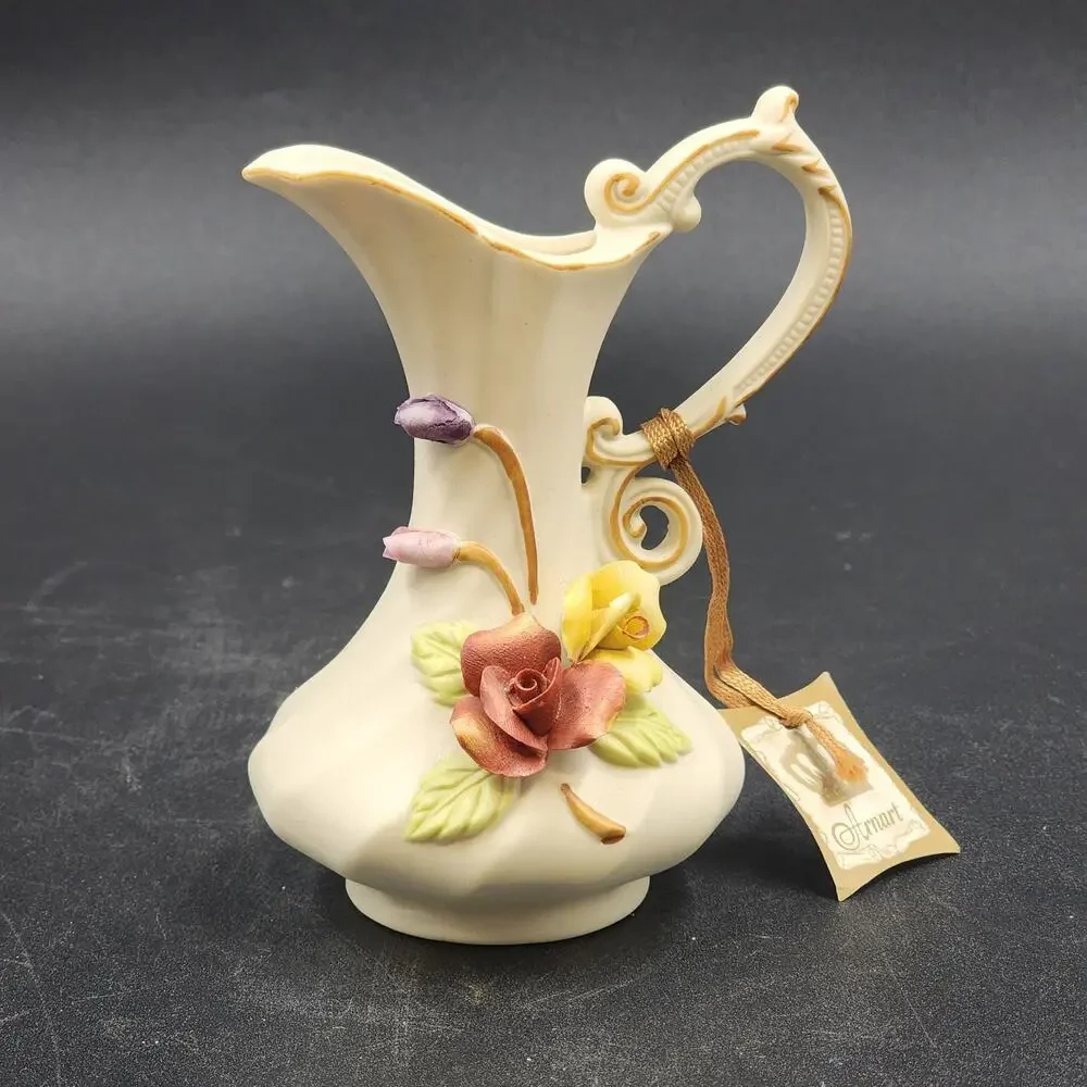 Arnart Ivory Bisque Porcelain Ewer Vase Pitcher Raised Roses 5